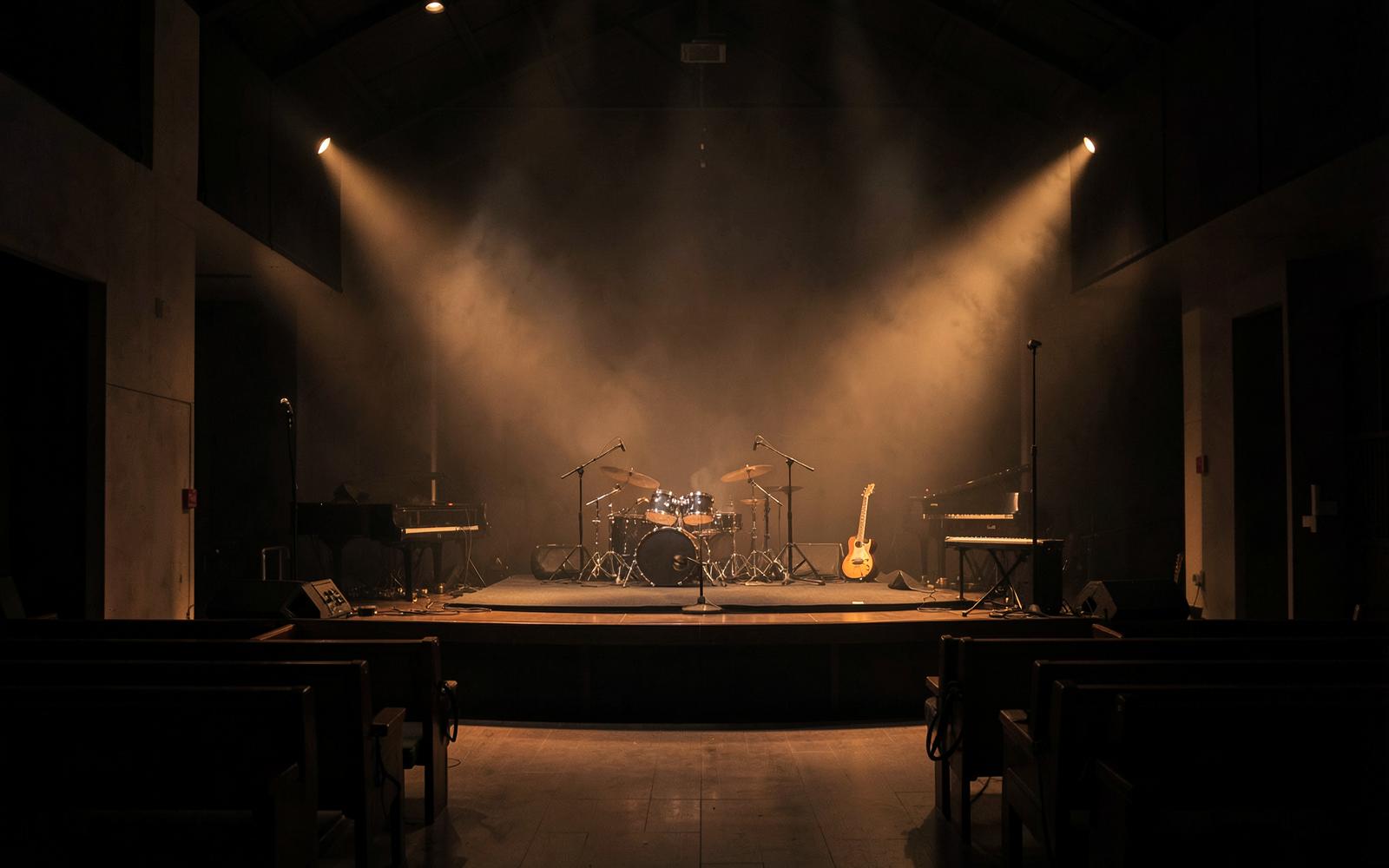 Victory Church worship stage prepared for Sunday service